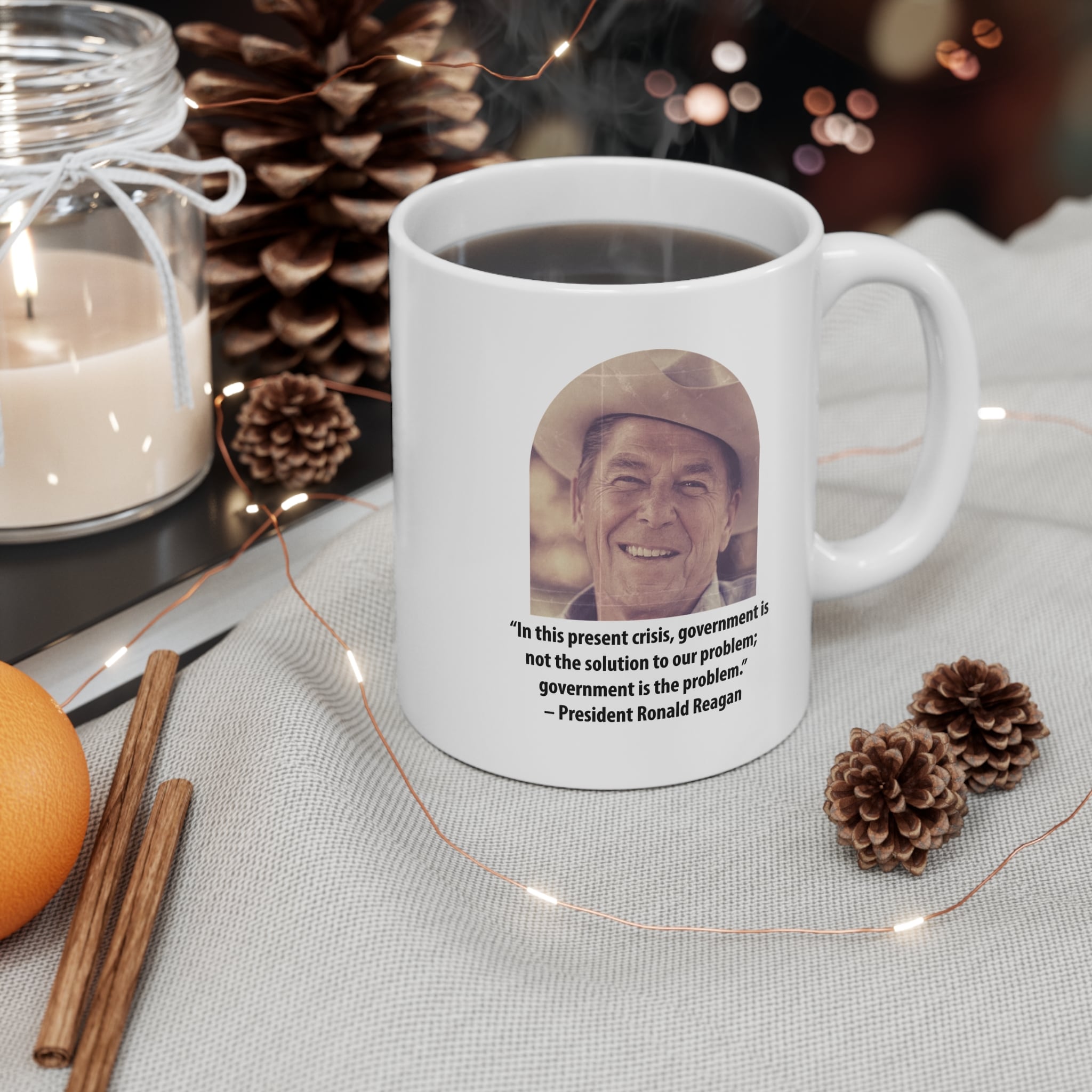 Reagan Cowboy Hat Mug - "Government Is the Problem" Quote - White Ceramic 11oz - Image 3