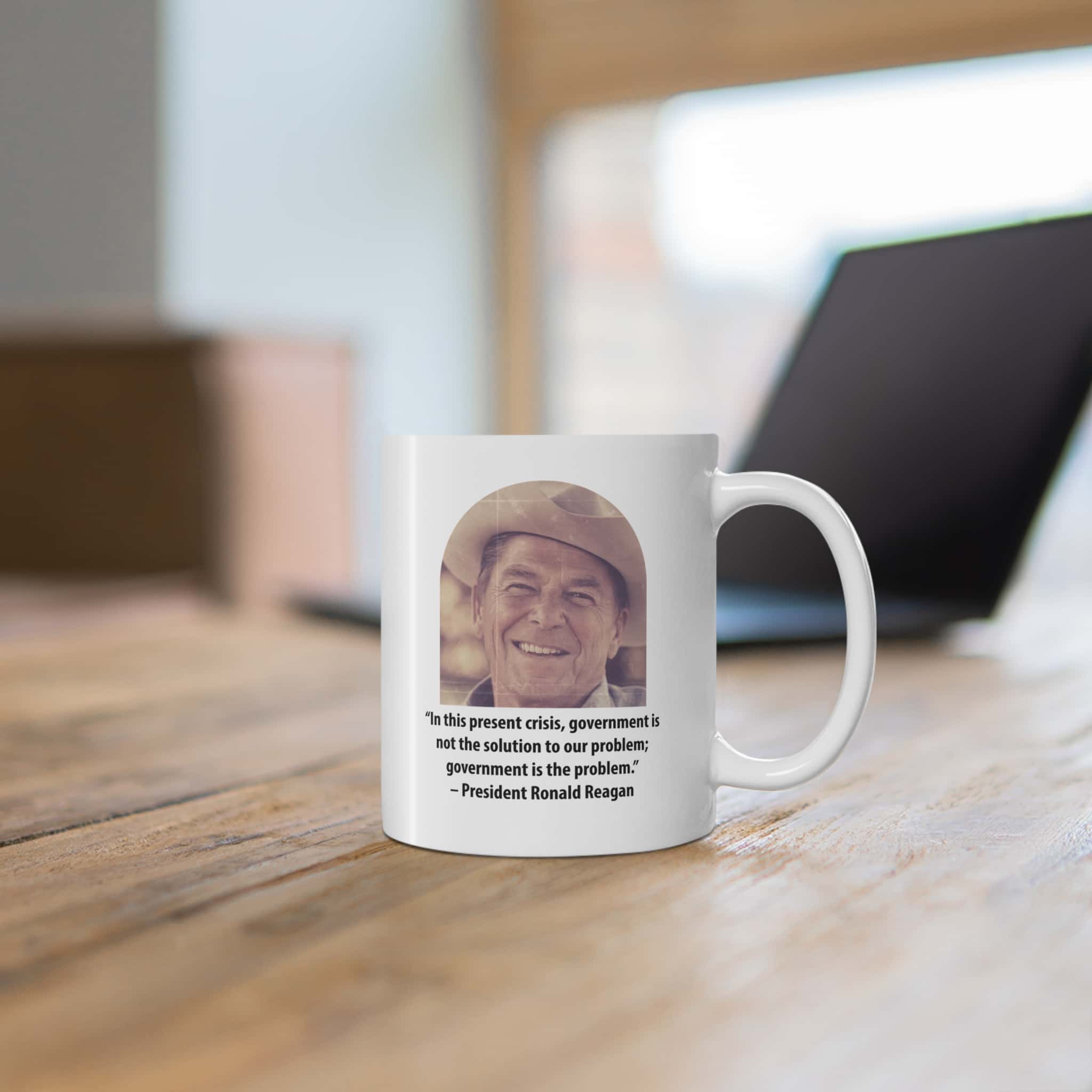 Reagan Cowboy Hat Mug - "Government Is the Problem" Quote - White Ceramic 11oz - Image 5
