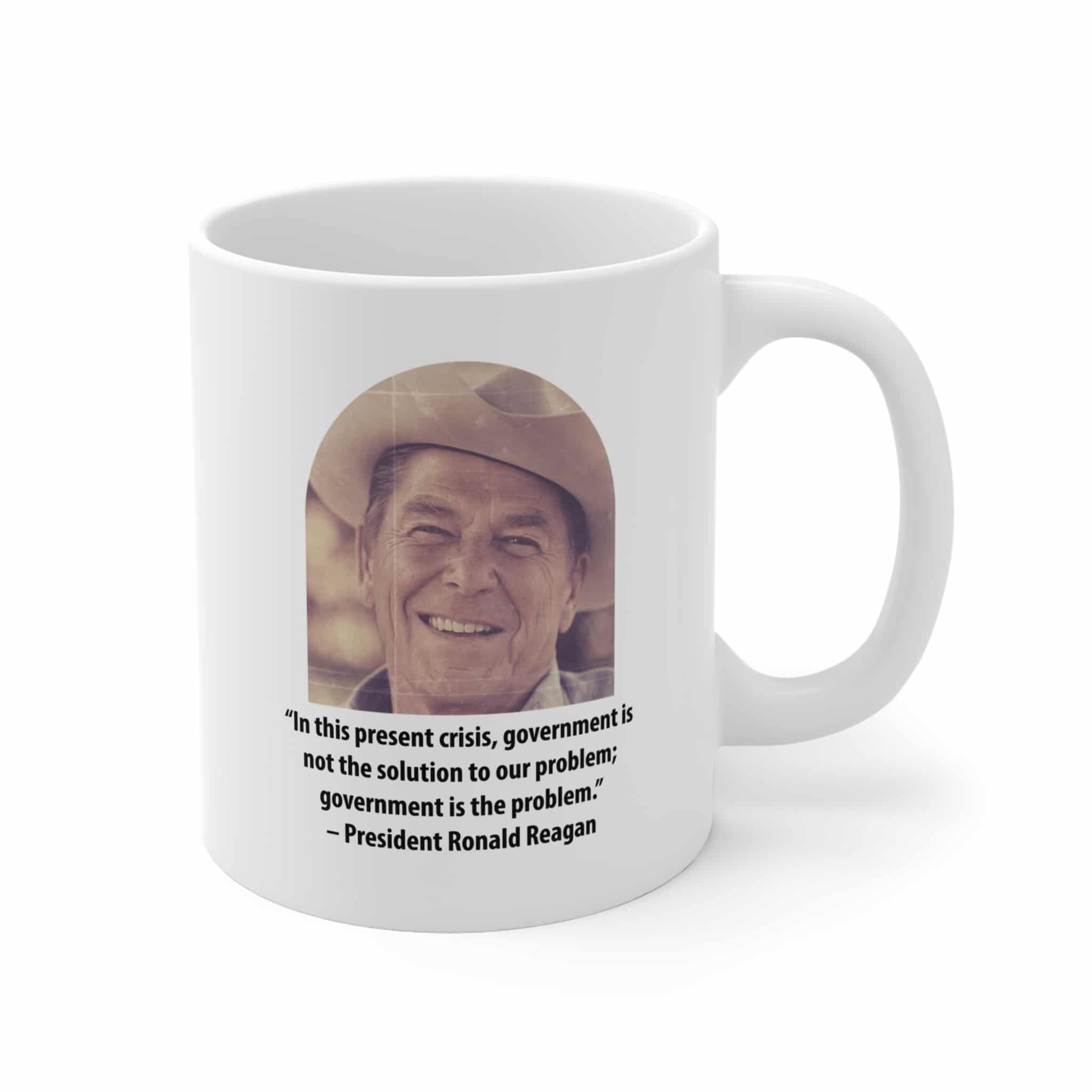 Reagan Cowboy Hat Mug - "Government Is the Problem" Quote - White Ceramic 11oz - Image 2
